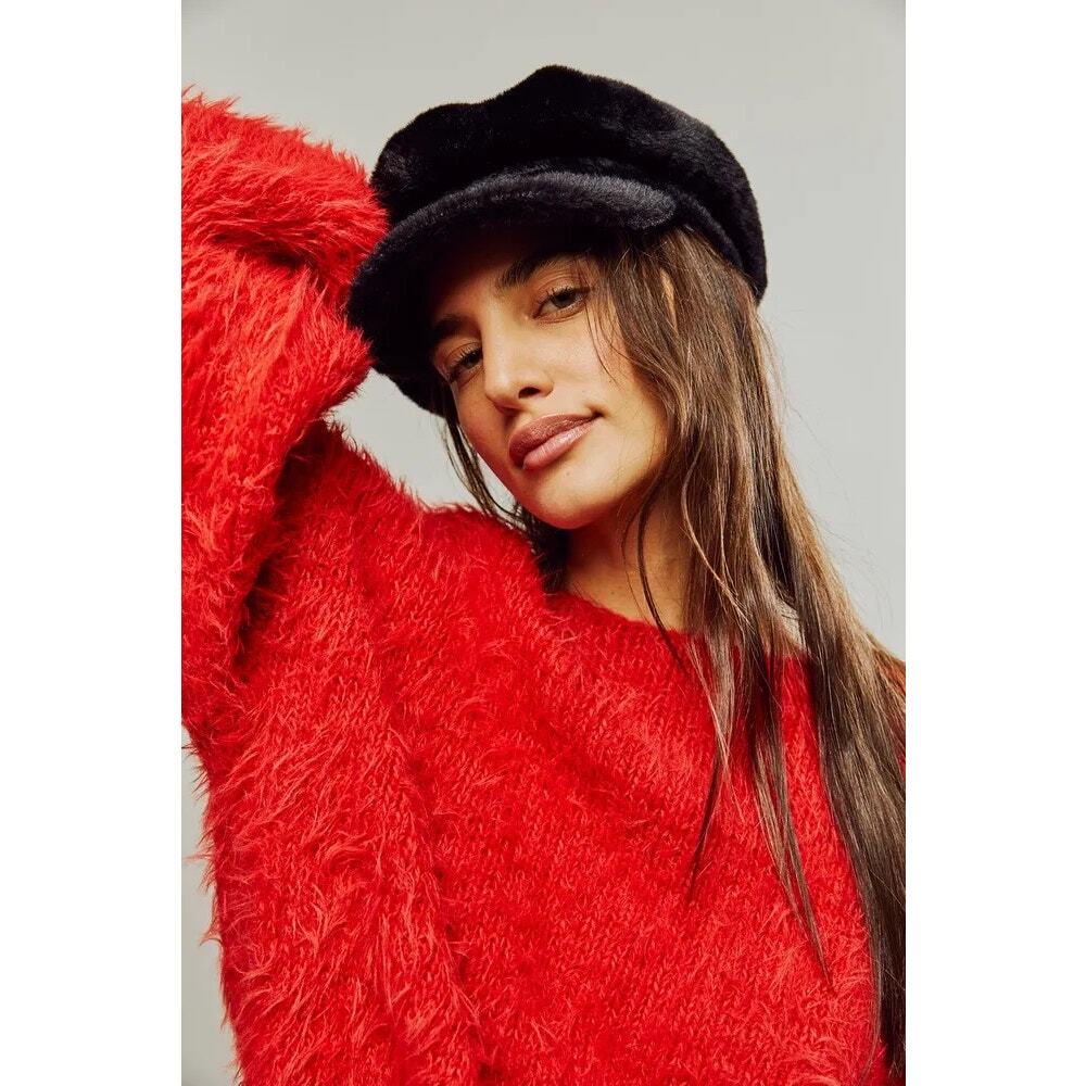 NEW Free People Bardot Fuzzy Slouch Lieutenant Black Cap Hat One Size
